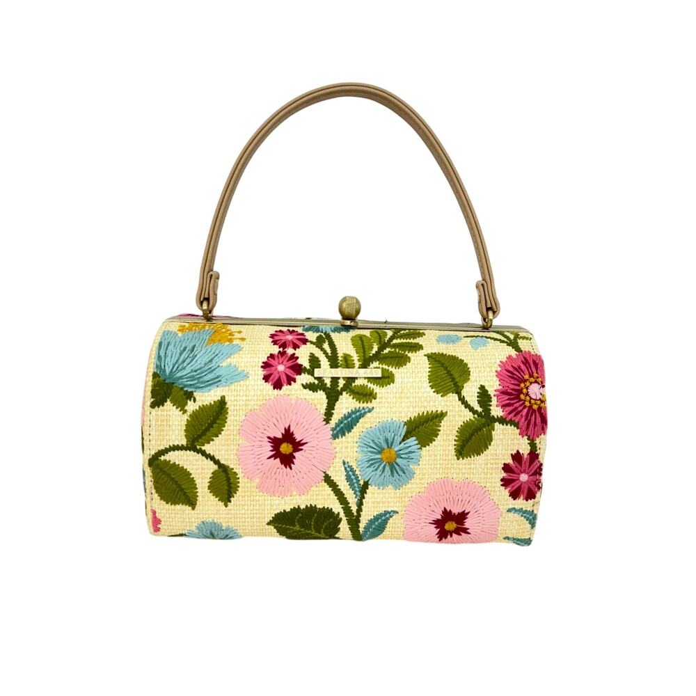 Spartina 449 Grace Jane Hardshell Barrel Frame Bag Embroidery Raffia Floral Rare